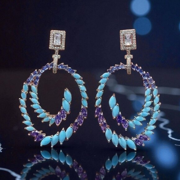 BLUE PURPLE CZ SILVER STATEMENT EARRINGS - Picture 1 of 4